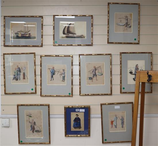 Chinese School, 10 assorted gouache on pith paper, Studies of tradesmen and junks, and a similar study of a